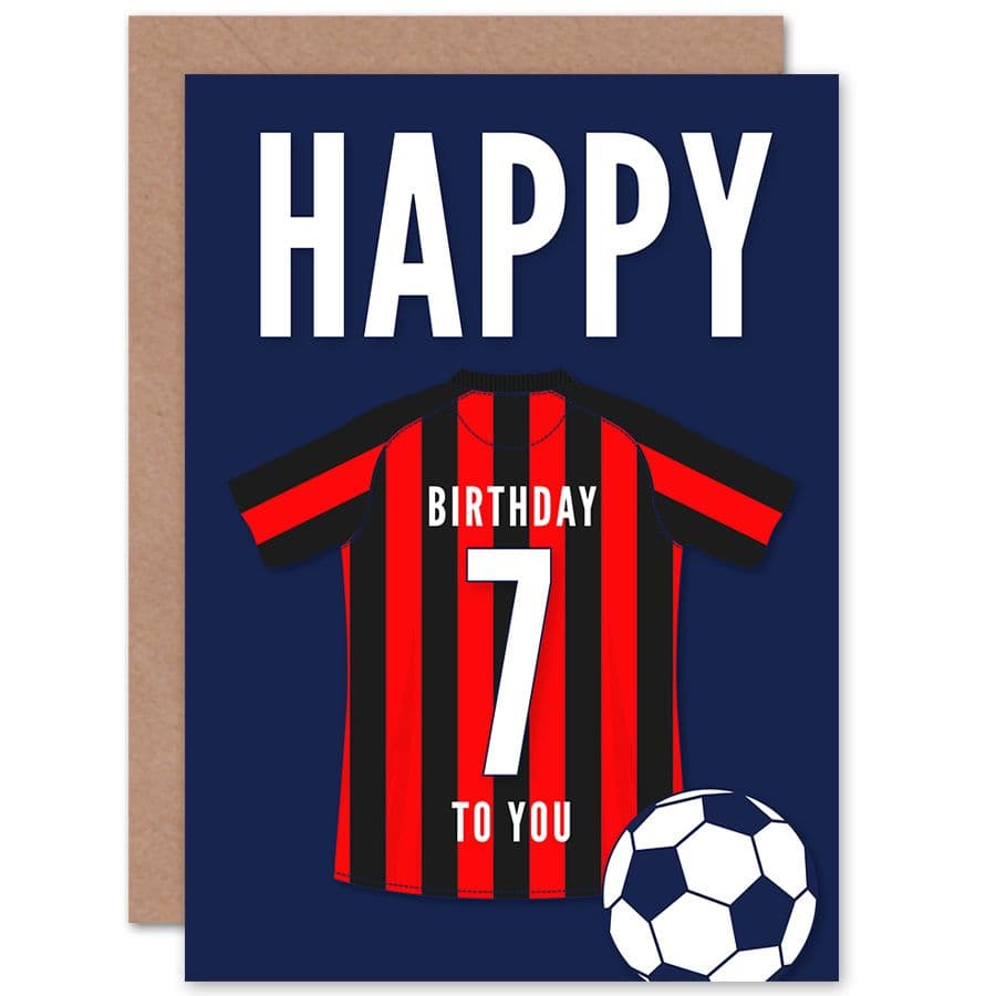 Football Fan 7th Happy Birthday Card for Boys Girls Black Red Striped Jersey Football Top on Dark Blue Background