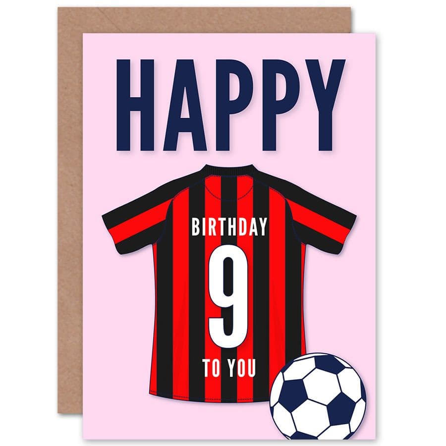 Football Fan 9th Happy Birthday Card for Boys Girls Black Red Striped Jersey Football Top on Pink Background