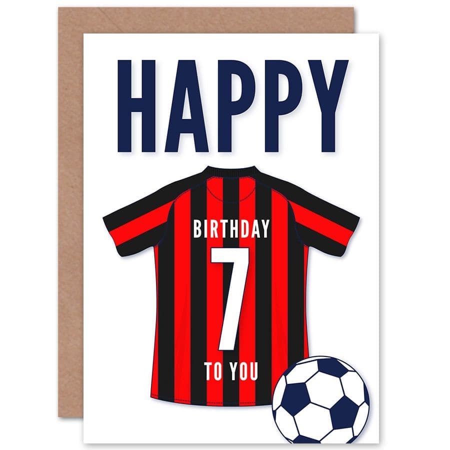 Football Fan 7th Happy Birthday Card for Boys Girls Black Red Striped Jersey Football Top on White Background