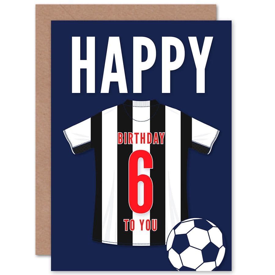 Football Fan 6th Happy Birthday Card for Boys Girls Black White Striped Jersey Football Top on Dark Blue Background