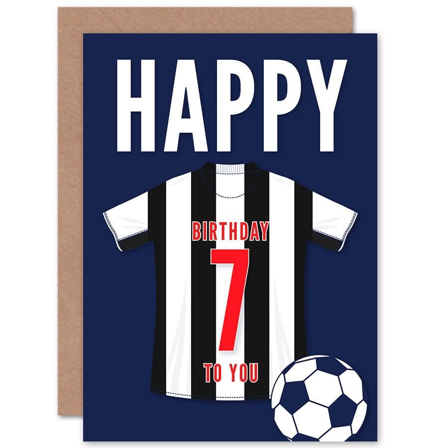 Football Fan 7th Happy Birthday Card Black White Striped Jersey Football Top on Dark Blue Background