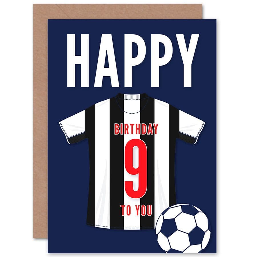 Football Fan 9th Happy Birthday Card Black White Striped Jersey Football Top on Dark Blue Background