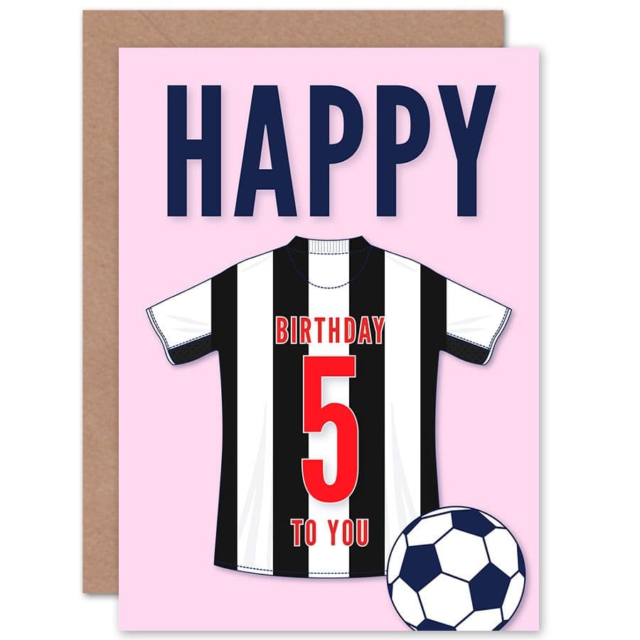 Football Fan 5th Happy Birthday Card for Boys Girls Black White Striped Jersey Football Top on Pink Background