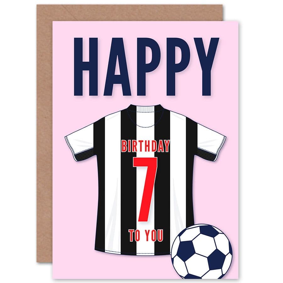 Football Fan 7th Happy Birthday Card for Boys Girls Black White Striped Jersey Football Top on Pink Background