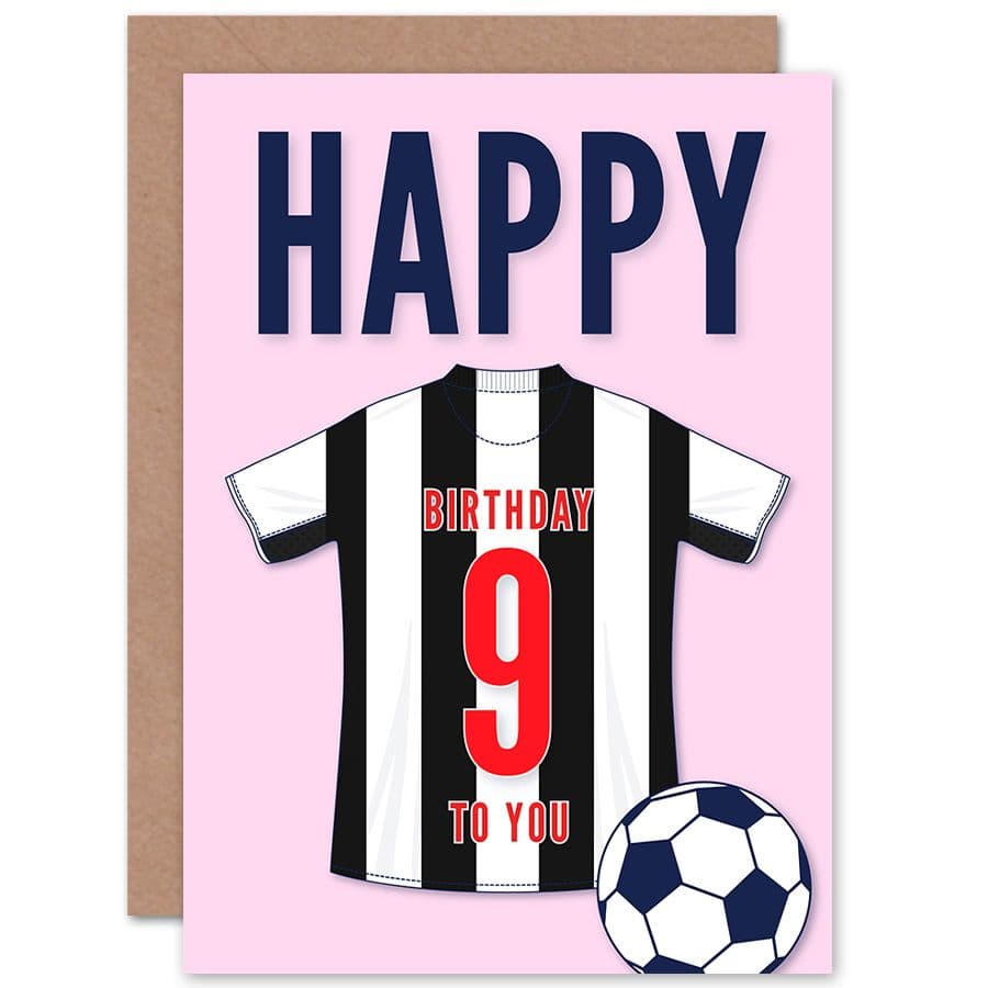 Football Fan 9th Happy Birthday Card White Striped Jersey Football Top on Pink Background
