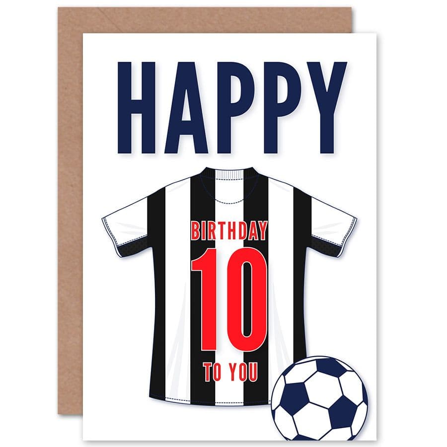 Football Fan 10th Happy Birthday Card White Striped Jersey Football Top on White Background