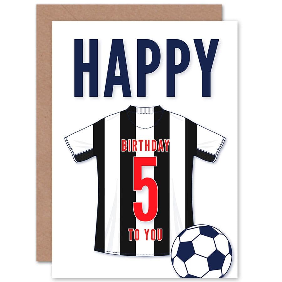 Football Fan 5th Happy Birthday Card for Boys Girls Black White Striped Jersey Football Top on White Background
