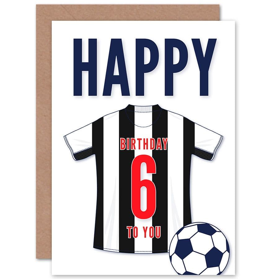 Football Fan 6th Happy Birthday Card White Striped Jersey Football Top on White Background