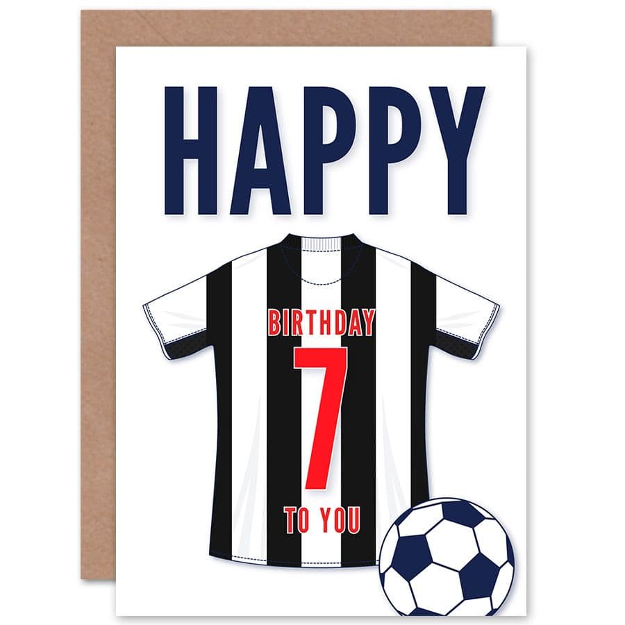 Football Fan 7th Happy Birthday Card for Boys Girls Black White Striped Jersey Football Top on White Background