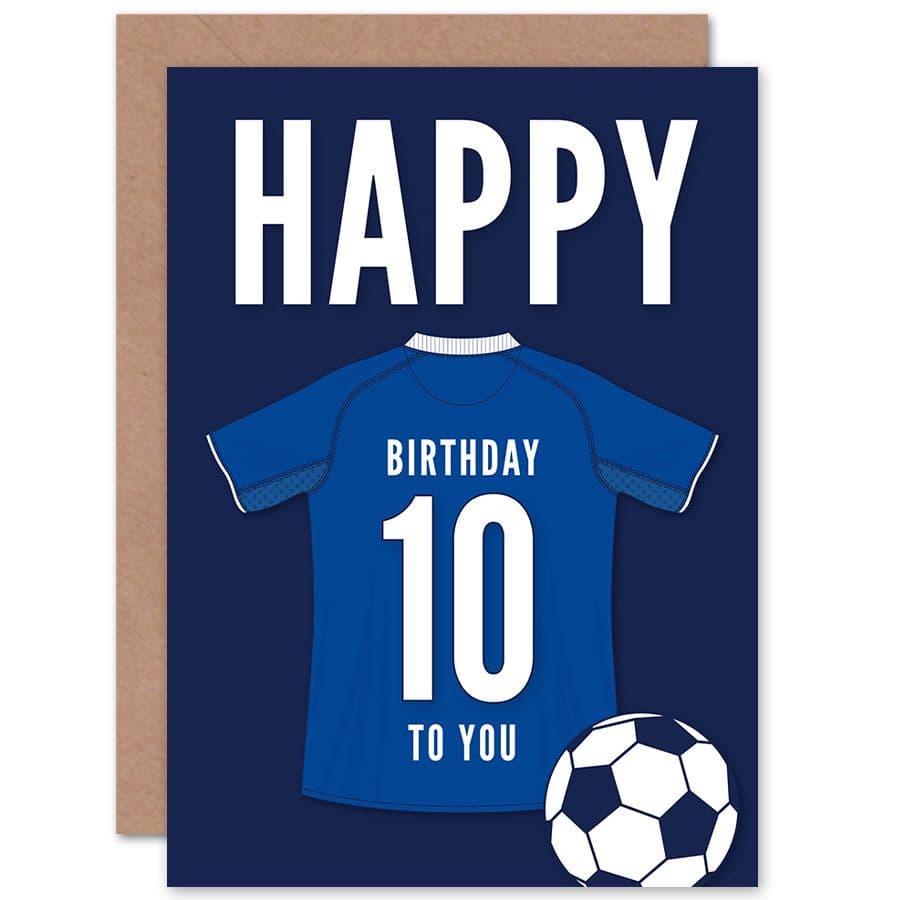 Football Fan 10th Happy Birthday Card Blue Jersey Football Top on Dark Blue Background