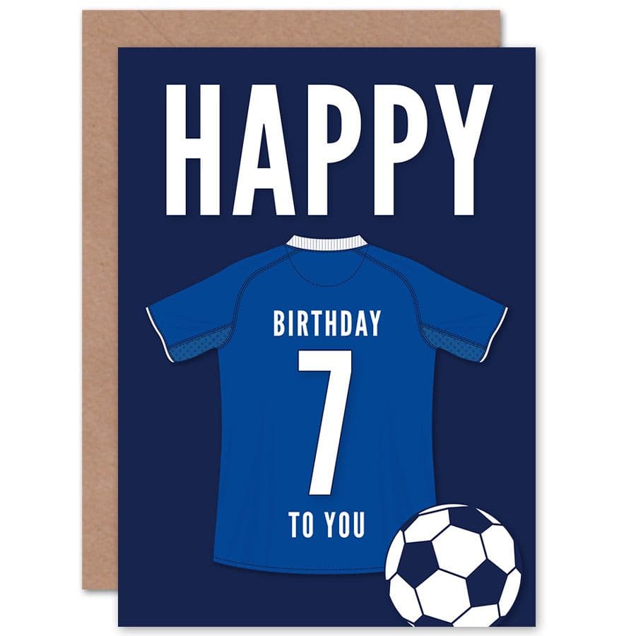 Football Fan 7th Happy Birthday Card for Boys Girls Blue Jersey Football Top on Dark Blue Background