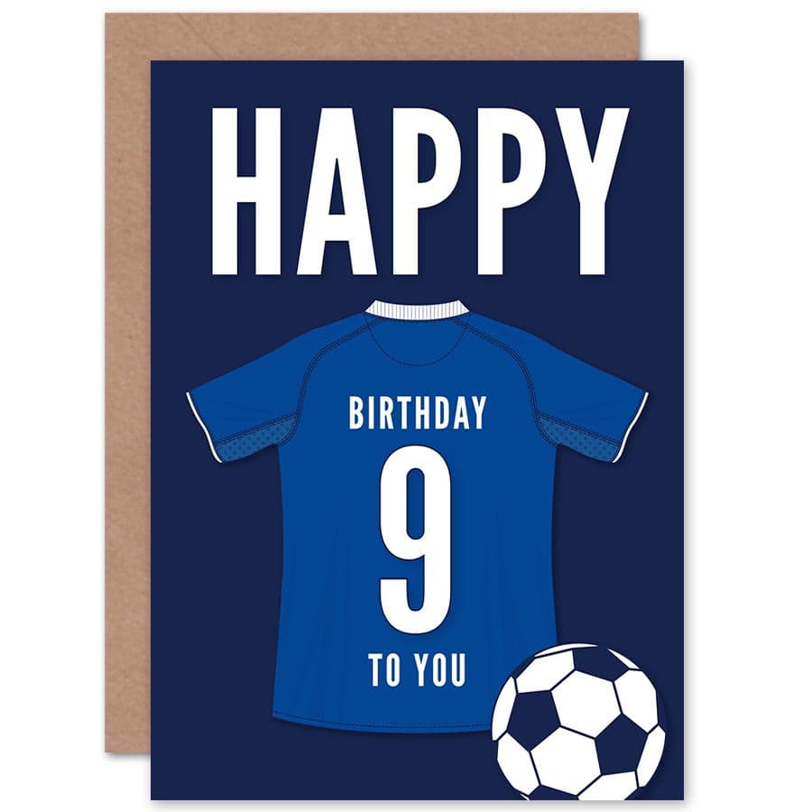 Football Fan 9th Happy Birthday Card Blue Jersey Football Top on Dark Blue Background
