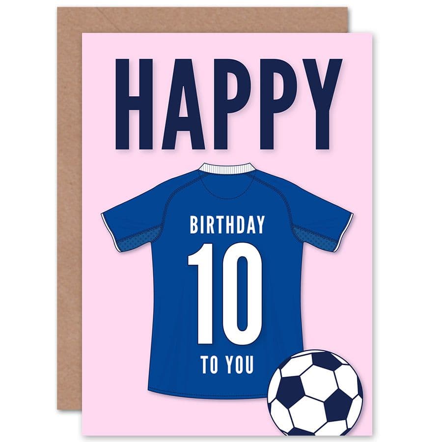 Football Fan 10th Happy Birthday Card Jersey Football Top on Pink Background