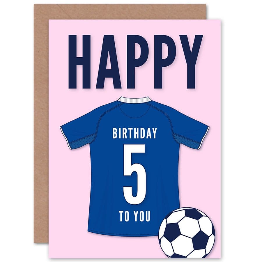 Football Fan 5th Happy Birthday Card Jersey Football Top on Pink Background