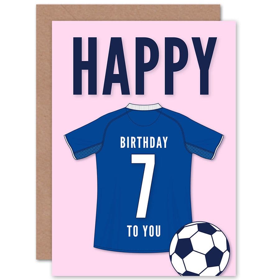 Football Fan 7th Happy Birthday Card for Boys Girls Blue Jersey Football Top on Pink Background