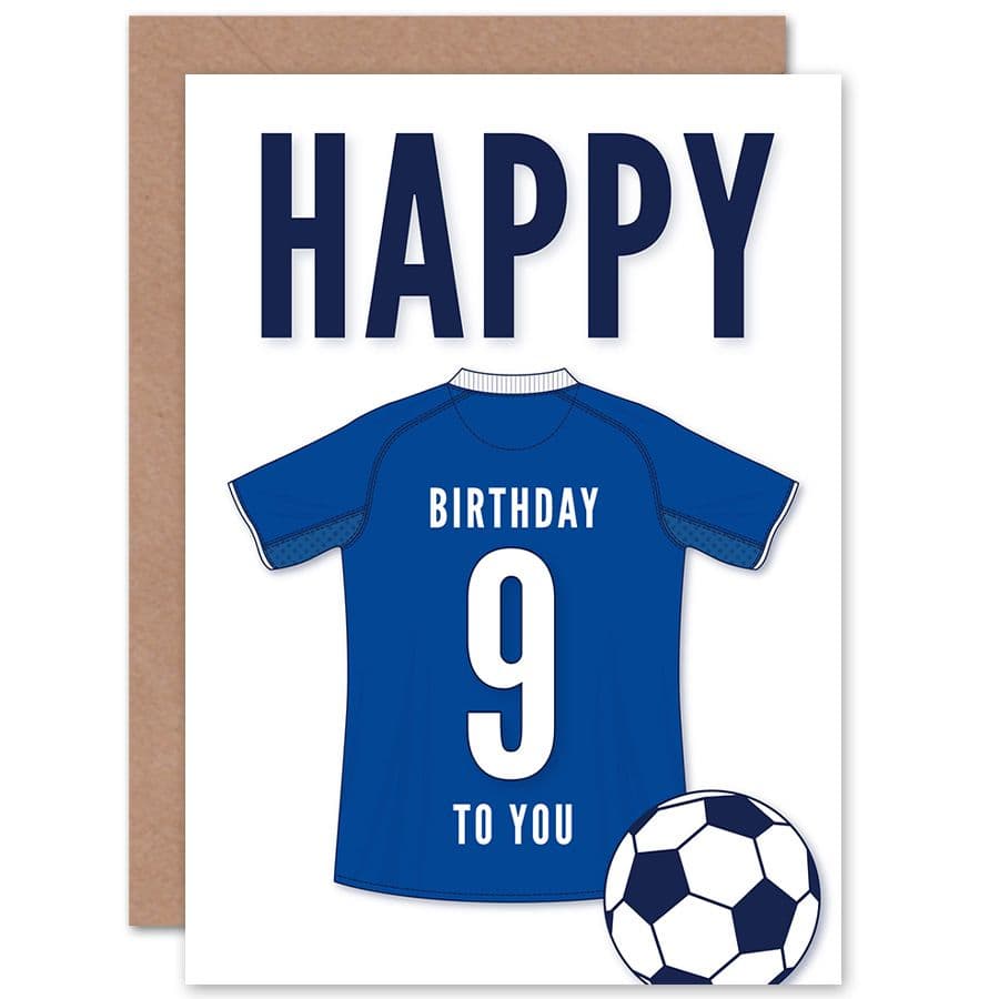 Football Fan 9th Happy Birthday Card Blue Jersey Football Top on Background