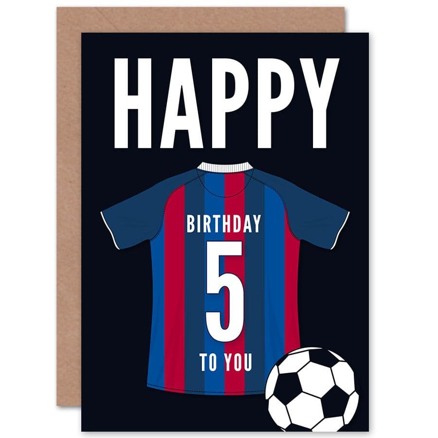 Football Fan 5th Happy Birthday Card Blue Red Striped Jersey Football Top on Dark Blue Background