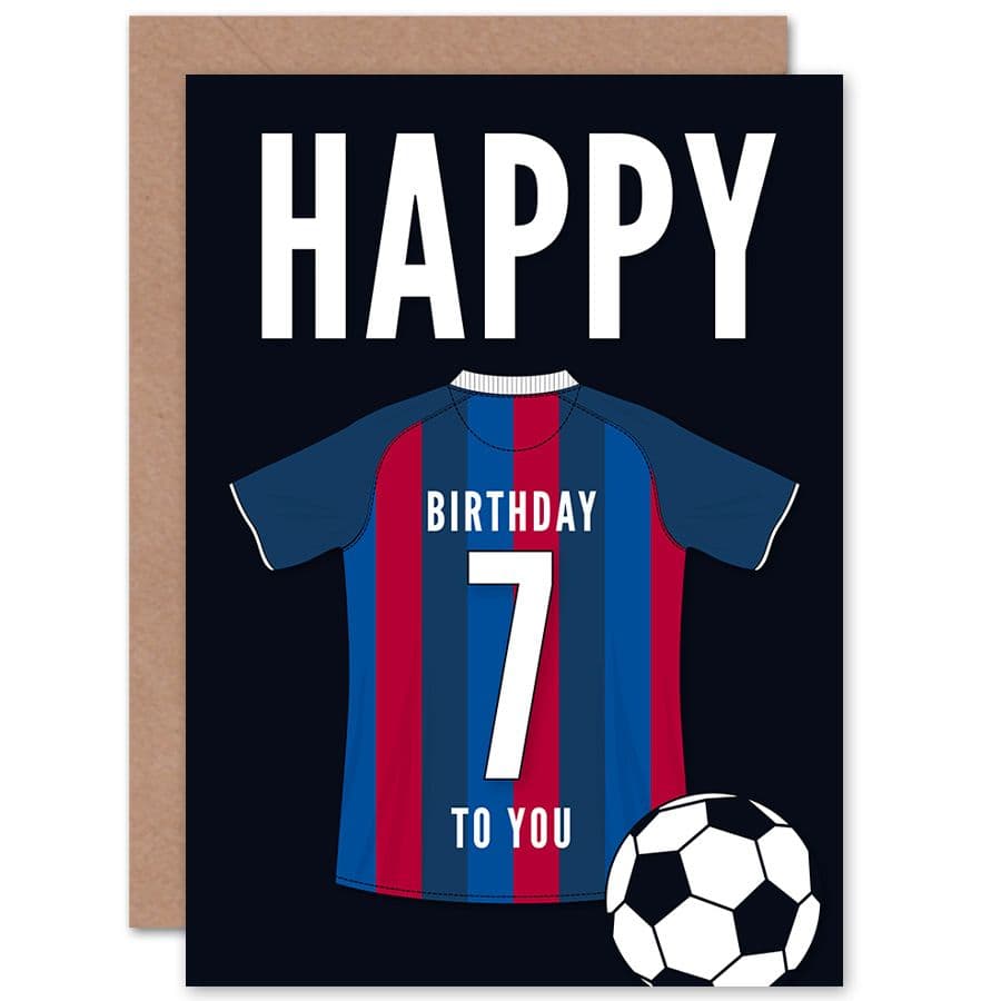 Football Fan 7th Happy Birthday Card for Boys Girls Blue Red Striped Jersey Football Top on Dark Blue Background