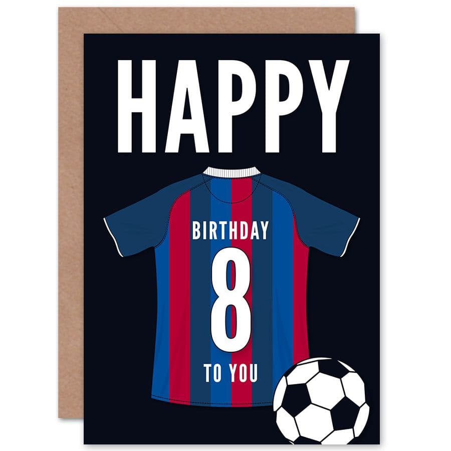 Football Fan 8th Happy Birthday Card Blue Red Striped Jersey Football Top on Dark Blue Background