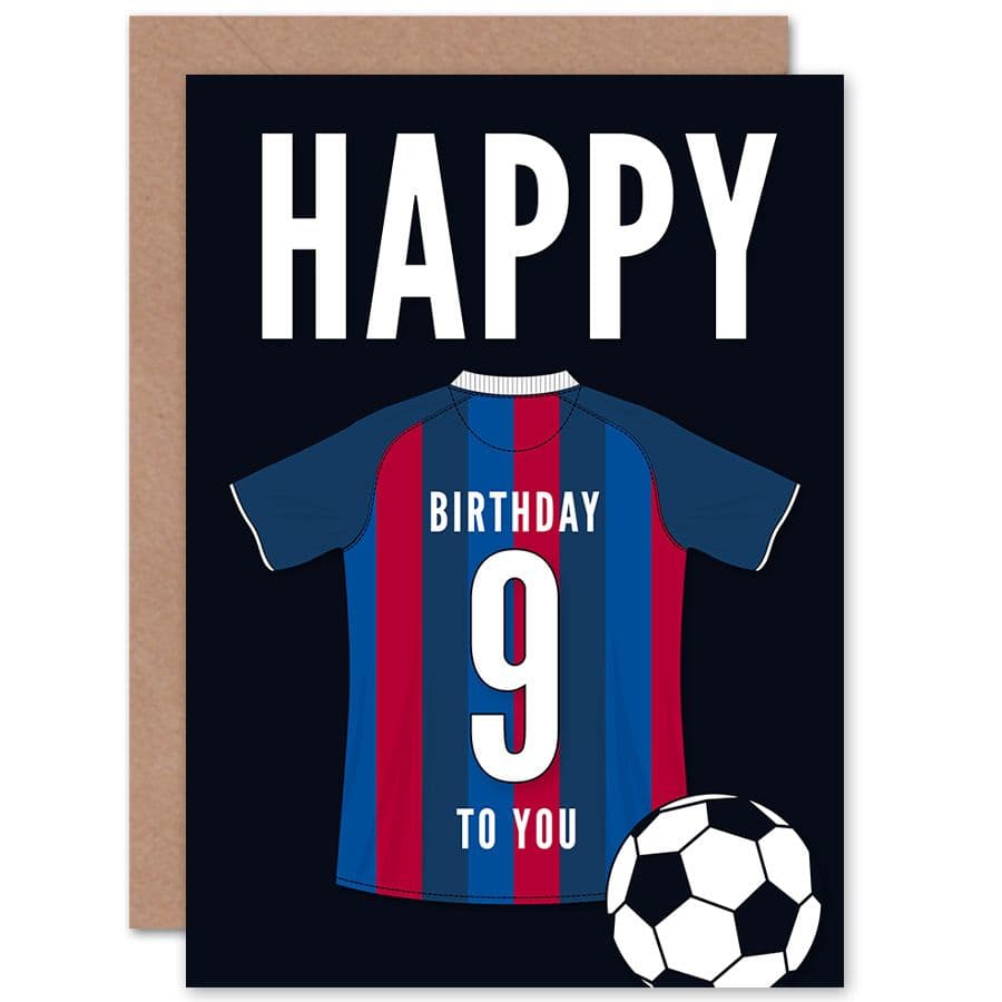 Football Fan 9th Happy Birthday Card Blue Red Striped Jersey Football Top on Dark Blue Background