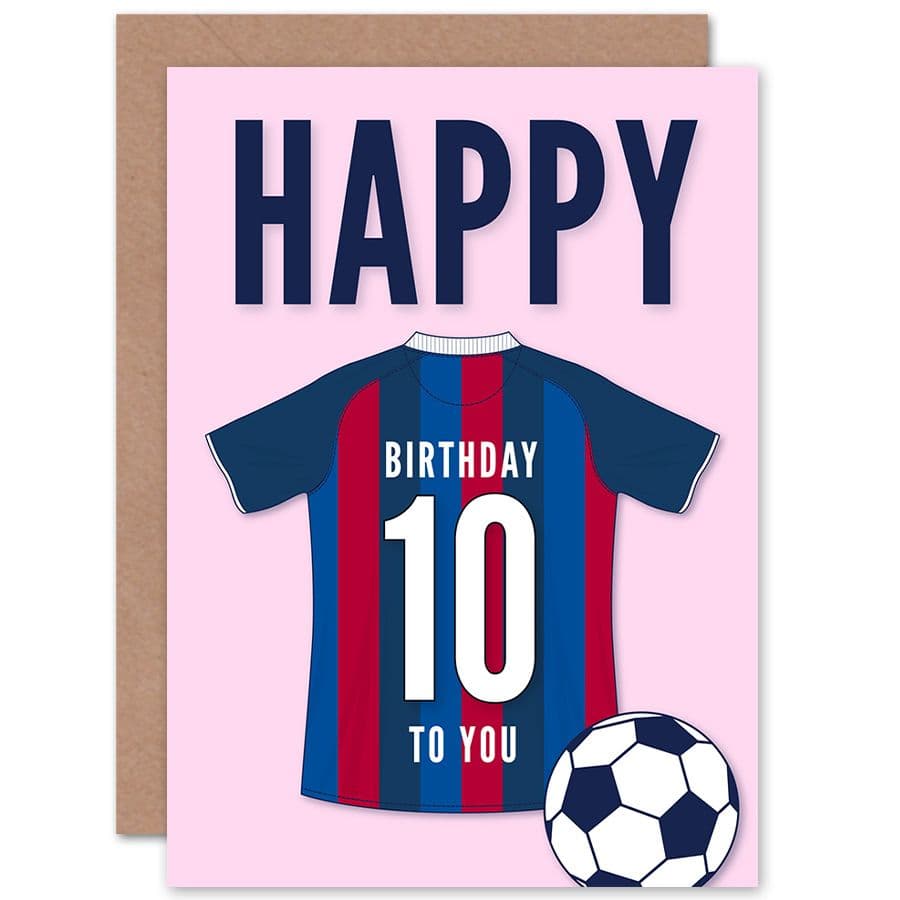 Football Fan 10th Happy Birthday Card for Boys Girls Blue Red Striped Jersey Football Top on Pink Background