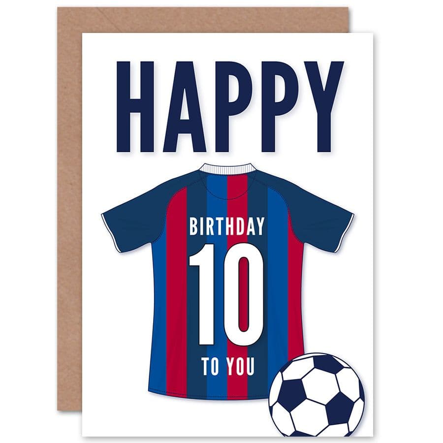 Football Fan 10th Happy Birthday Card for Boys Girls Blue Red Striped Jersey Football Top on White Background