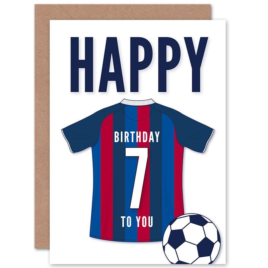 Football Fan 7th Happy Birthday Card for Boys Girls Blue Red Striped Jersey Football Top on White Background