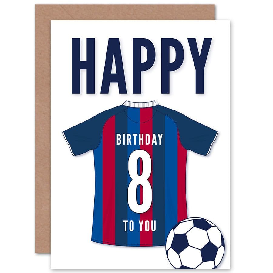 Football Fan 8th Happy Birthday Card Blue Red Striped Jersey Football Top on Background