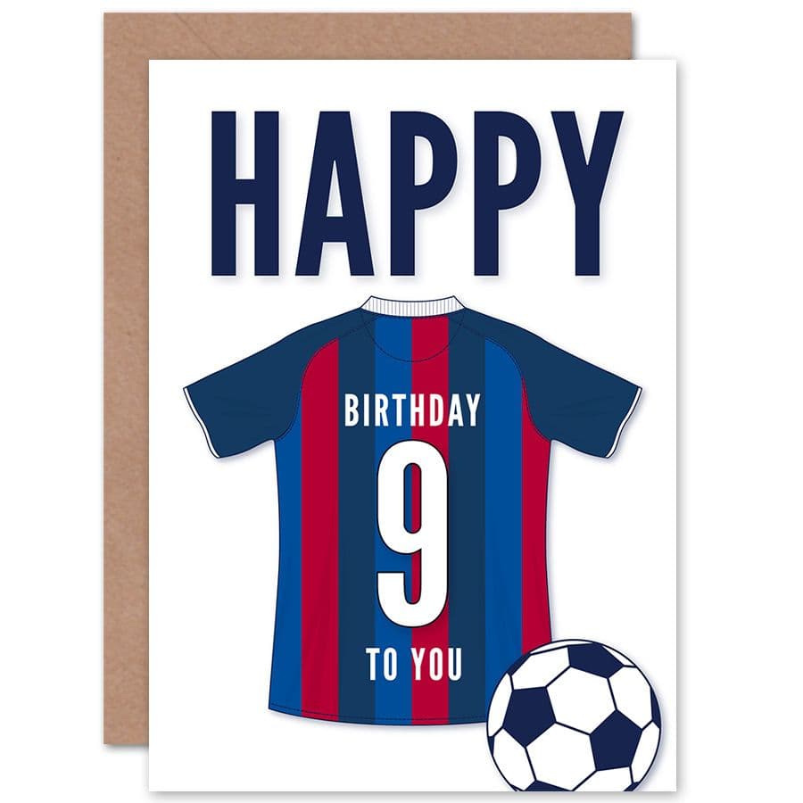 Football Fan 9th Happy Birthday Card for Boys Girls Blue Red Striped Jersey Football Top on White Background