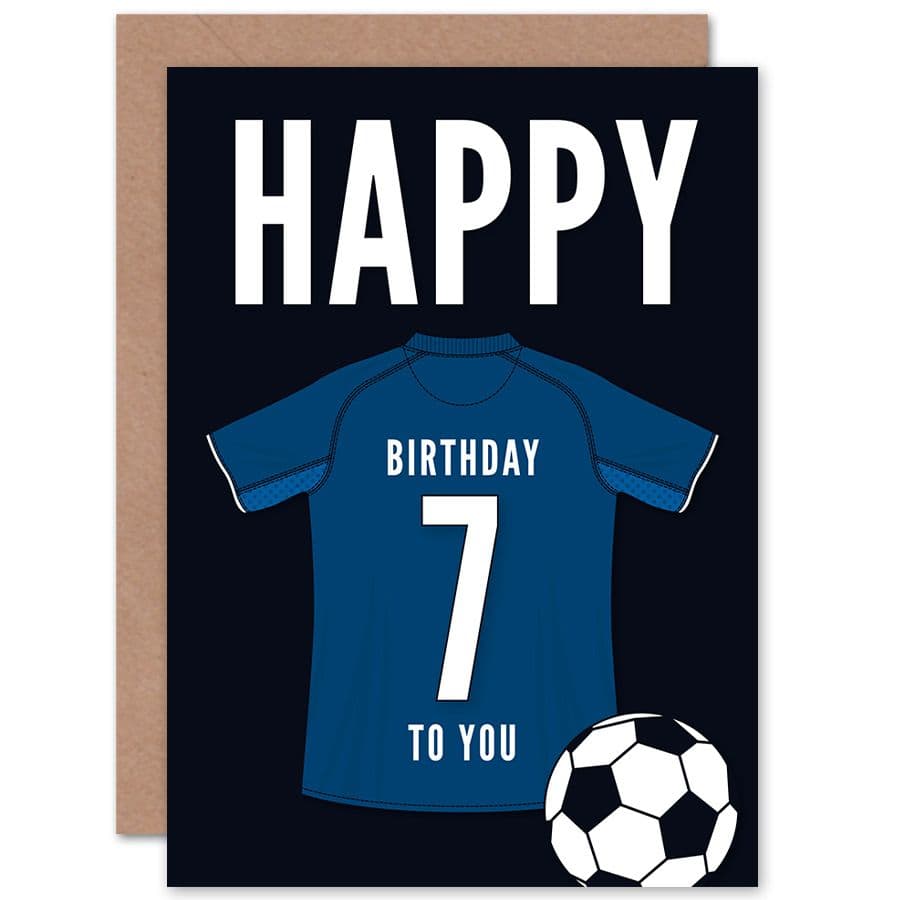Football Fan 7th Happy Birthday Card Dark Blue Jersey Football Top on Dark Blue Background