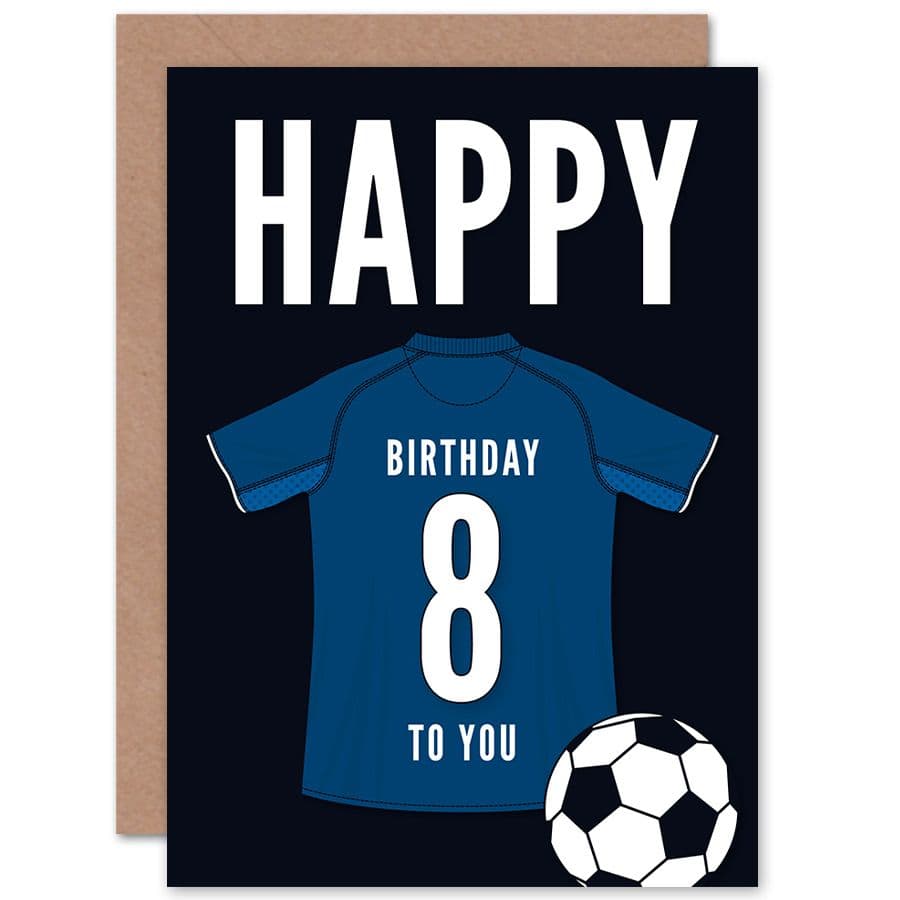 Football Fan 8th Happy Birthday Card Dark Blue Jersey Football Top on Dark Blue Background