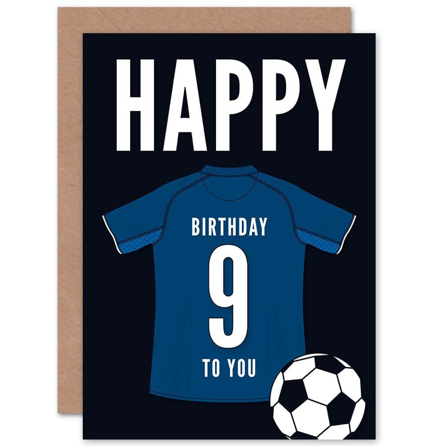 Football Fan 9th Happy Birthday Card Dark Blue Jersey Football Top on Dark Blue Background