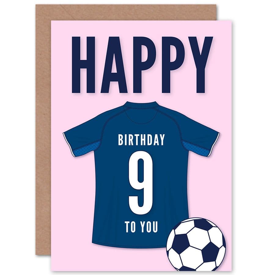 Football Fan 9th Happy Birthday Card Dark Blue Jersey Football Top on Pink Background
