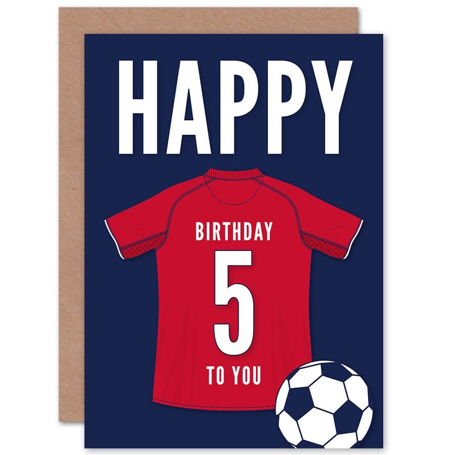 Football Fan 5th Happy Birthday Card for Boys Girls Dark Red Jersey Football Top on Dark Blue Background