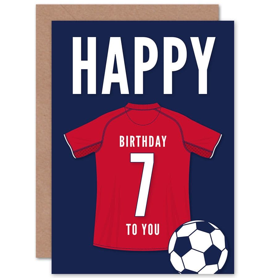 Football Fan 7th Happy Birthday Card for Boys Girls Dark Red Jersey Football Top on Dark Blue Background
