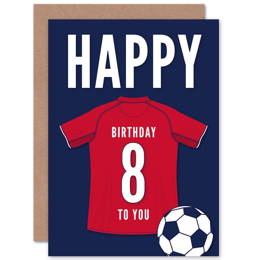 Football Fan 8th Happy Birthday Card for Boys Girls Dark Red Jersey Football Top on Dark Blue Background