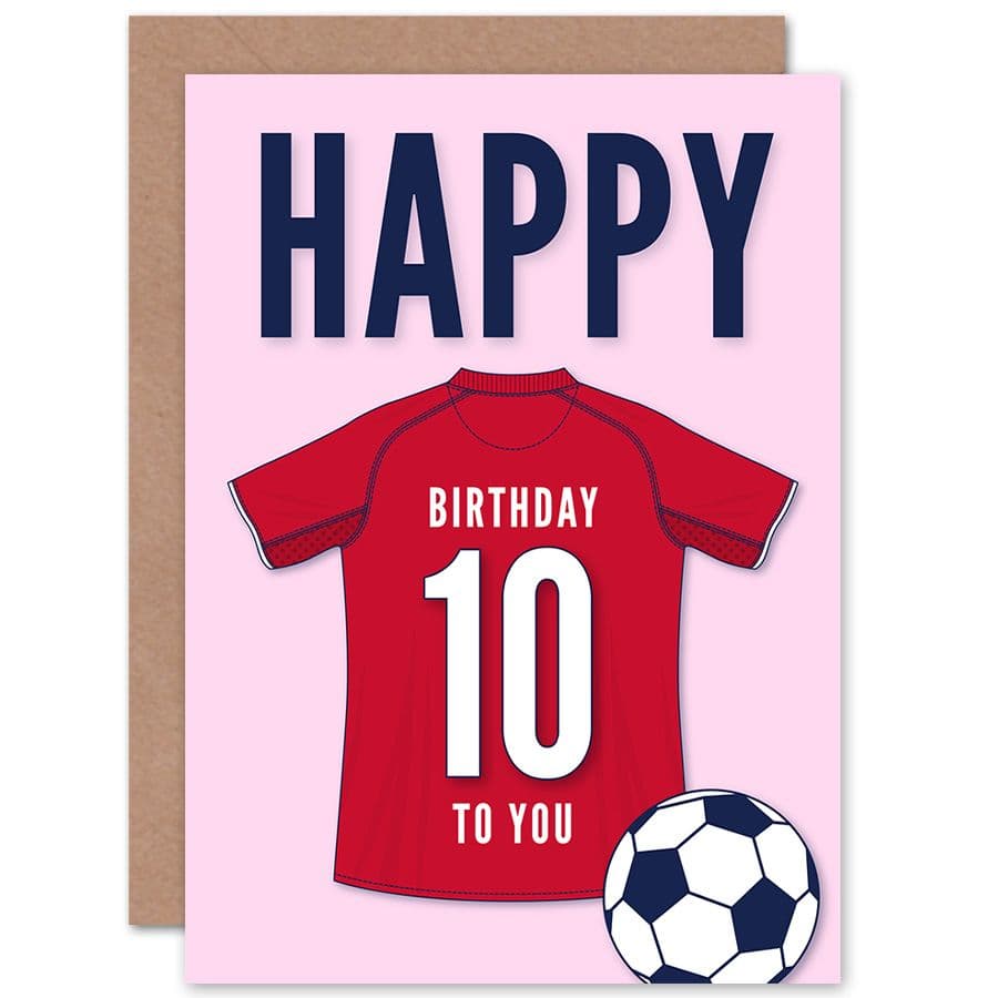 Football Fan 10th Happy Birthday Card for Boys Girls Dark Red Jersey Football Top on Pink Background