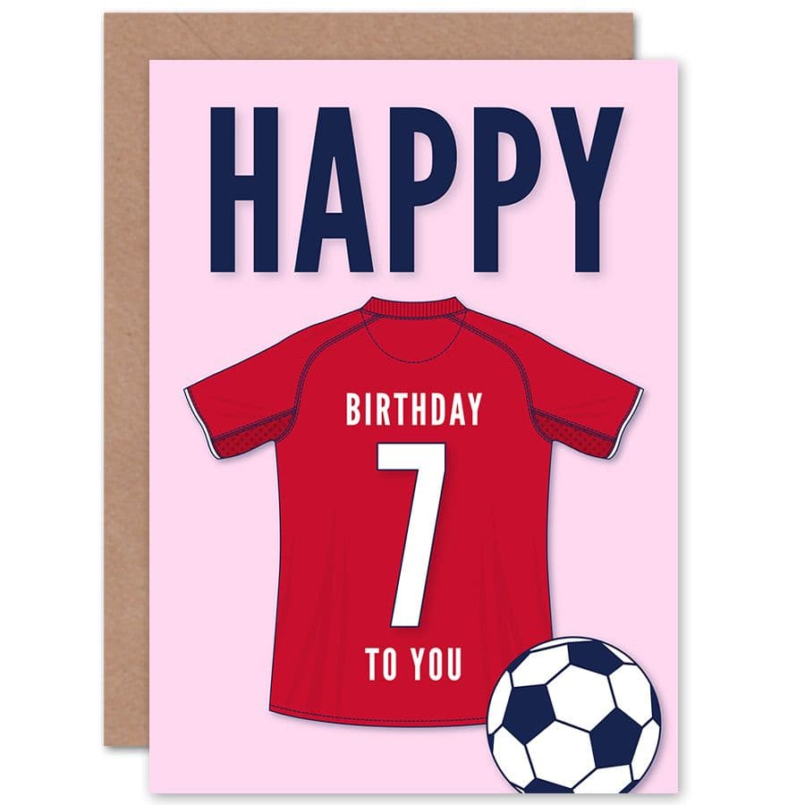 Football Fan 7th Happy Birthday Card for Boys Girls Dark Red Jersey Football Top on Pink Background