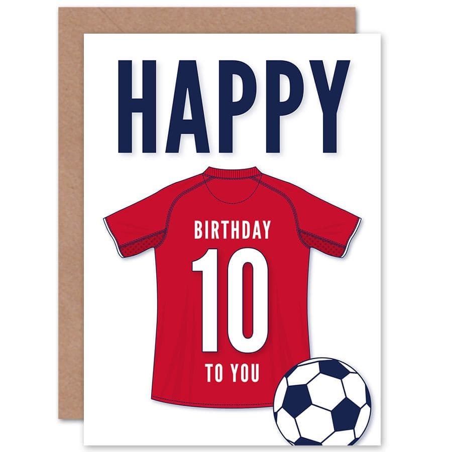 Football Fan 10th Happy Birthday Card for Boys Girls Dark Red Jersey Football Top on White Background