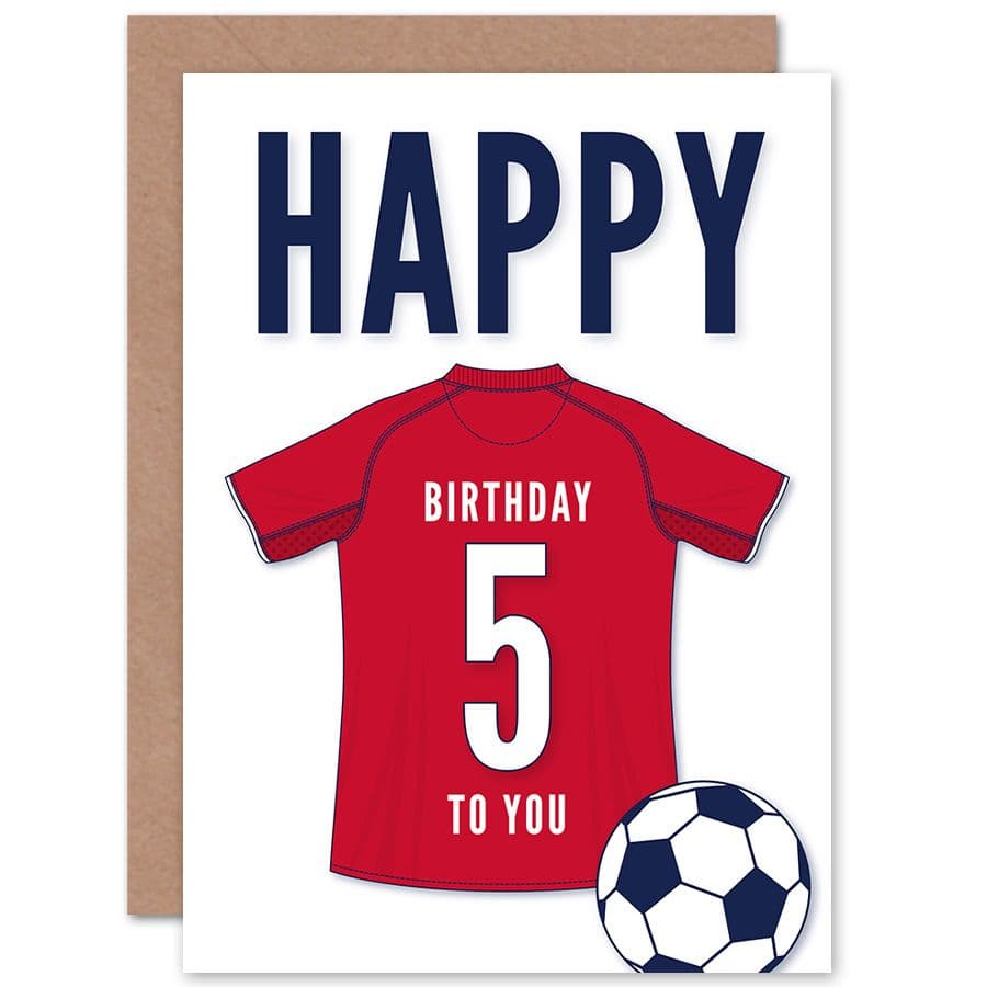 Football Fan 5th Happy Birthday Card for Boys Girls Dark Red Jersey Football Top on White Background