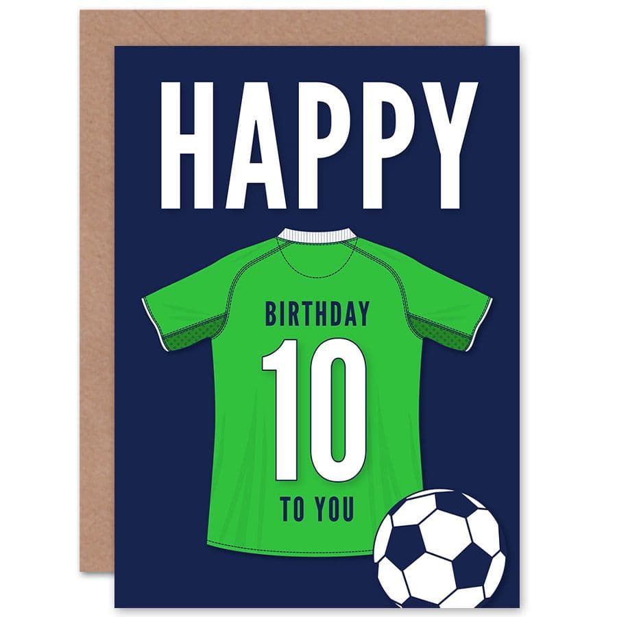 Football Fan 10th Happy Birthday Card for Boys Girls Green Jersey Football Top on Dark Blue Background