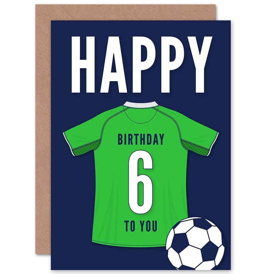 Football Fan 6th Happy Birthday Card for Boys Girls Green Jersey Football Top on Dark Blue Background
