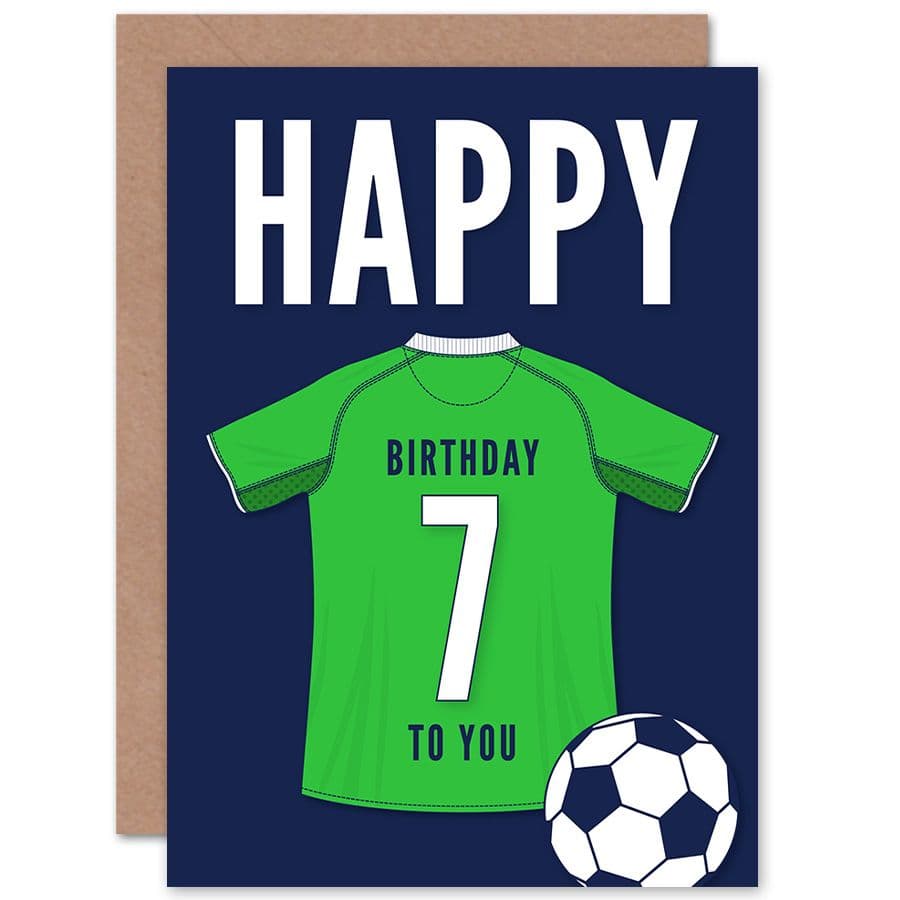 Football Fan 7th Happy Birthday Card for Boys Girls Green Jersey Football Top on Dark Blue Background