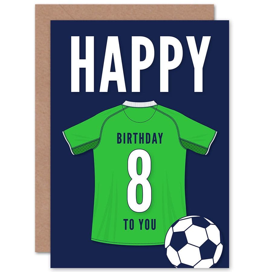 Football Fan 8th Happy Birthday Card Green Jersey Football Top on Dark Blue Background