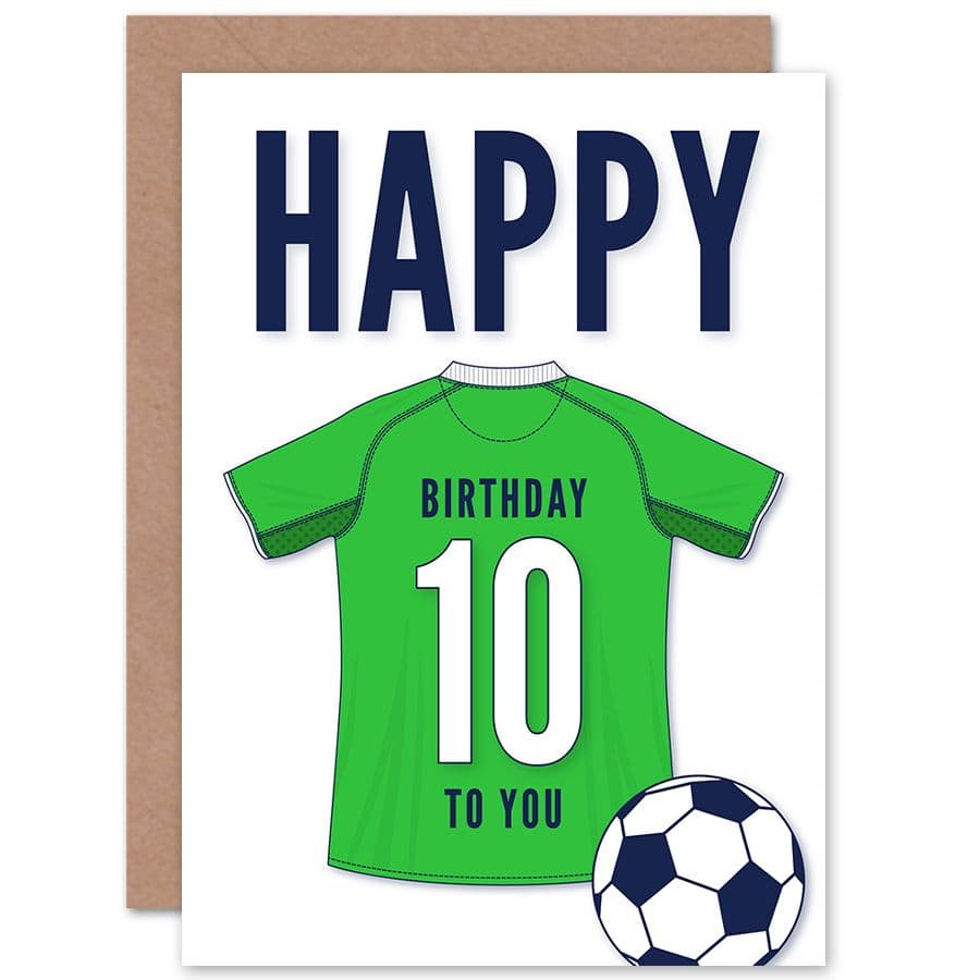 Football Fan 10th Happy Birthday Card Green Jersey Football Top on Background