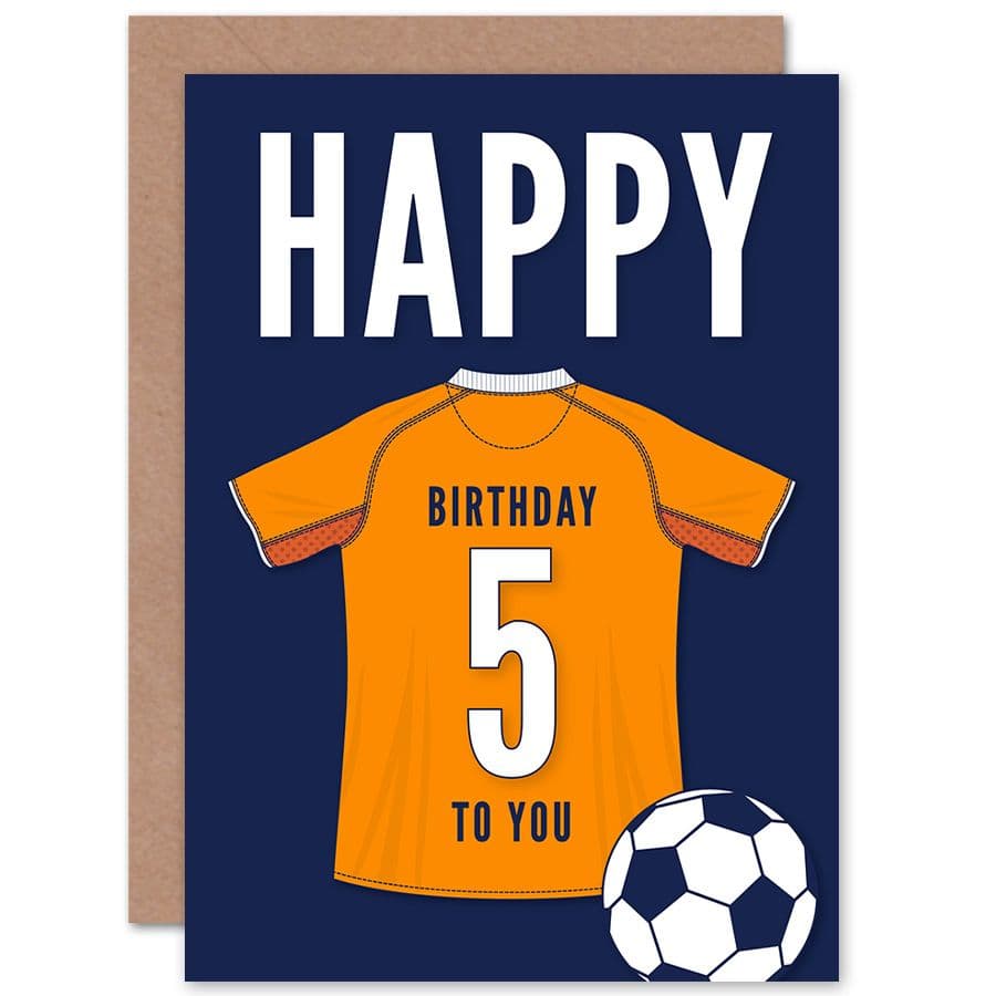 Football Fan 5th Happy Birthday Card Orange Jersey Football Top on Dark Blue Background