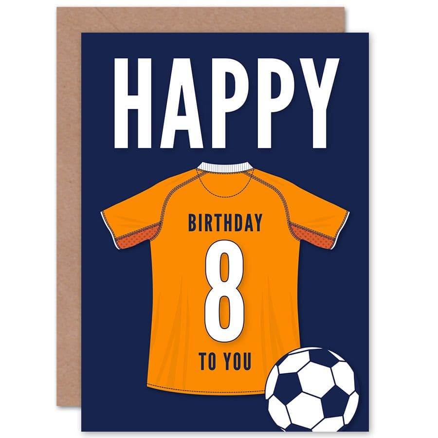 Football Fan 8th Happy Birthday Card Orange Jersey Football Top on Dark Blue Background