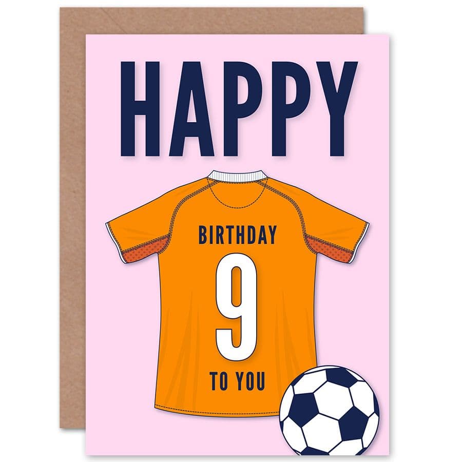 Football Fan 9th Happy Birthday Card for Boys Girls Orange Jersey Football Top on Pink Background