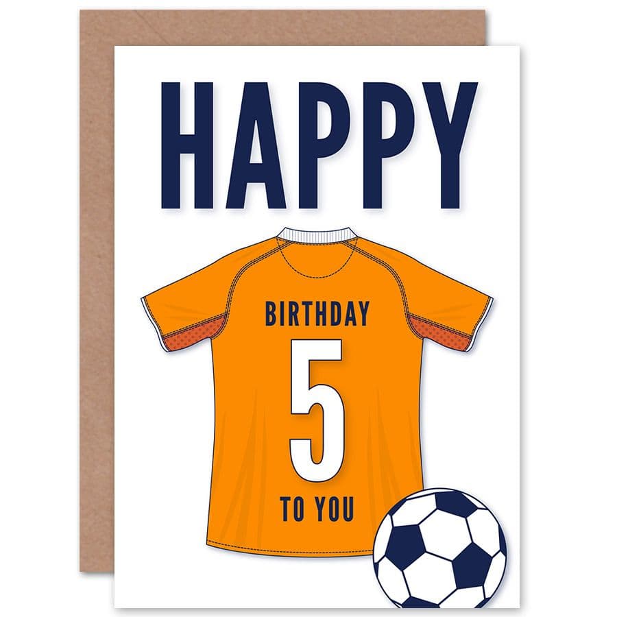 Football Fan 5th Happy Birthday Card Orange Jersey Football Top on Background