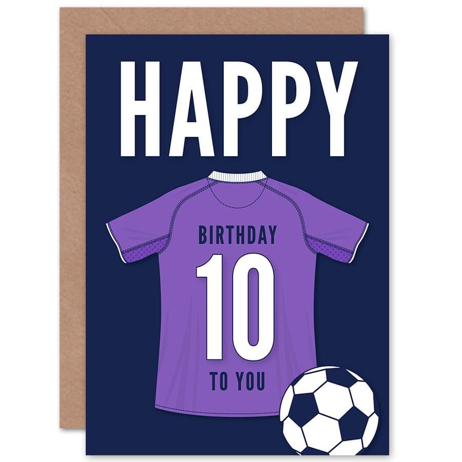 Football Fan 10th Happy Birthday Card Purple Jersey Football Top on Dark Blue Background